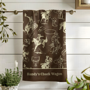 Western Rodeo Cowboy Dark Brown Personalised Tea Towel