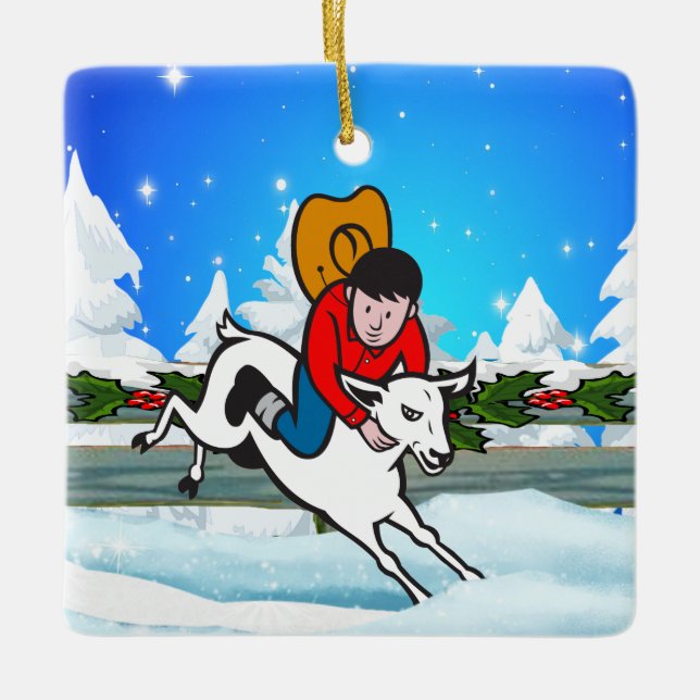 Western Rodeo Cowboy Kid Mutton Buster Snow Scene Ceramic Ornament (Front)