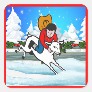 Western Rodeo Cowboy Kid Mutton Buster Snow Scene Square Sticker