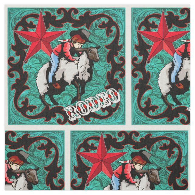 Western Rodeo Cowboy Mutton Bustin" Faux Leather Fabric (Swatch)