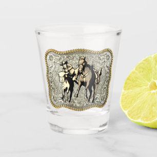 Western Rodeo Cowboy Steer Wrestlin Belt Buckle Shot Glass