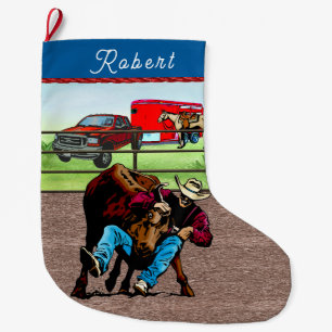 Western Rodeo Cowboy Steer Wrestling Large Christmas Stocking