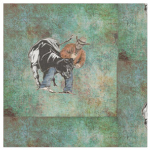 Western Rodeo Cowboy Steer Wrestling Print Fabric