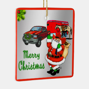 Western Rodeo Cowboy Truck Trailer Santa Christmas Ceramic Ornament