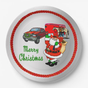 Western Rodeo Cowboy Truck Trailer Santa Christmas Paper Plate