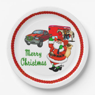 Western Rodeo Cowboy Truck Trailer Santa Christmas Paper Plate