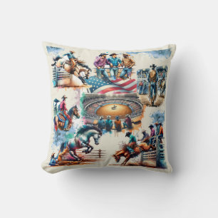Western Rodeo Cowboys Bucking Horse Riding Scenes Cushion