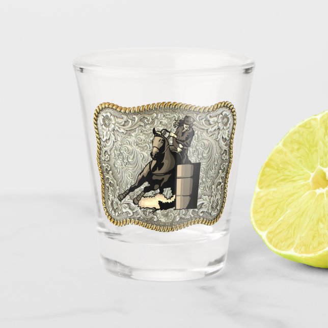 Western Rodeo Cowgirl Barrel Racing Belt Buckle  Shot Glass (Front)