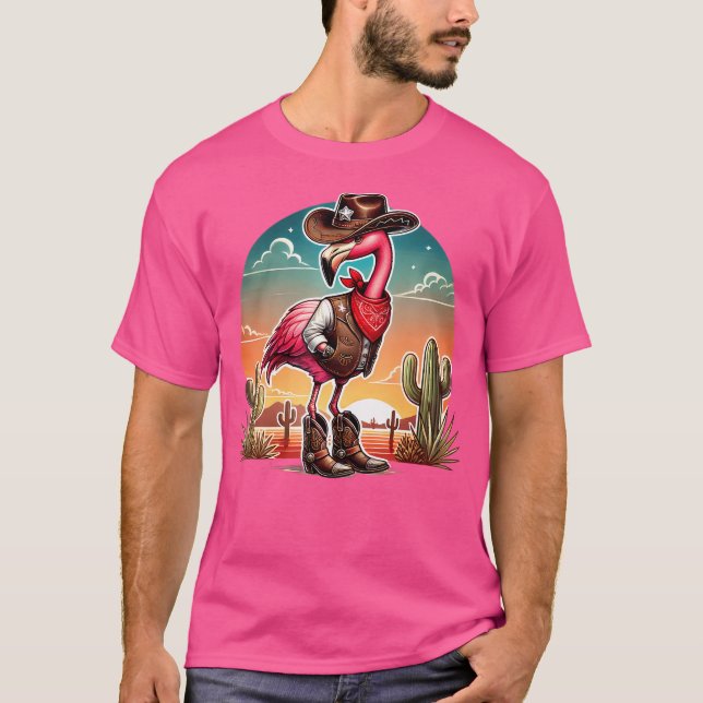 Western Rodeo Cowgirl Hat Flamingo Animals Funny T-Shirt (Front)