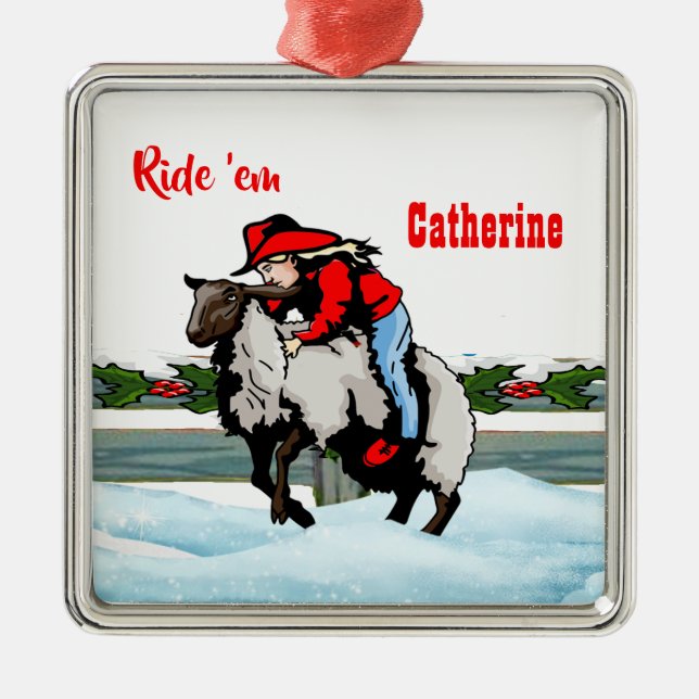 Western Rodeo Cowgirl Kid Mutton Buster Christmas Metal Tree Decoration (Front)
