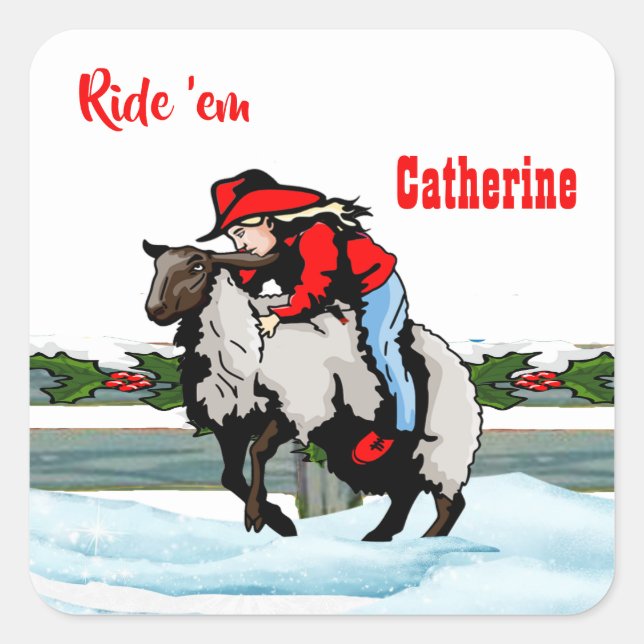 Western Rodeo Cowgirl Kid Mutton Buster Christmas Square Sticker (Front)