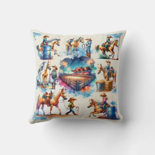 Western Rodeo Cowgirl Kids and Horse Scenes Cushion