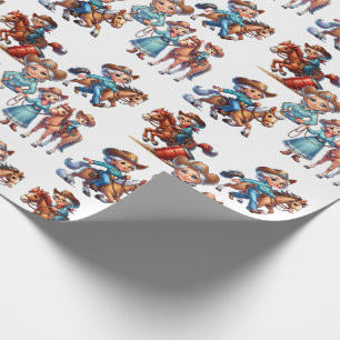 Western Rodeo Cowgirl With Horses and Kids Scenes Wrapping Paper