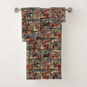 Western Rodeo Cowgirls Barrel Racing Print Bath Towel Set