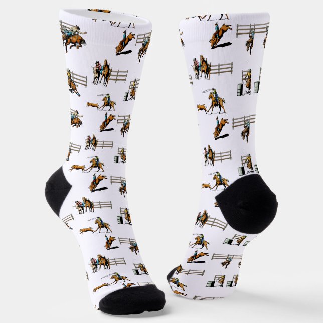 Western Rodeo Event Scene Cowboy Cowgirls Horses  Socks (Angled)