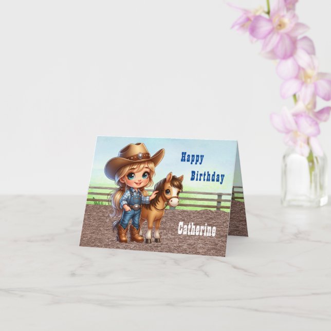 Western Rodeo Little Cowgirl With Horse Birthday Card (Orchid)