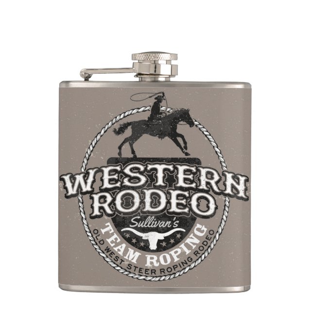 Western Rodeo Old West Steer Roping Personalised Hip Flask (Front)