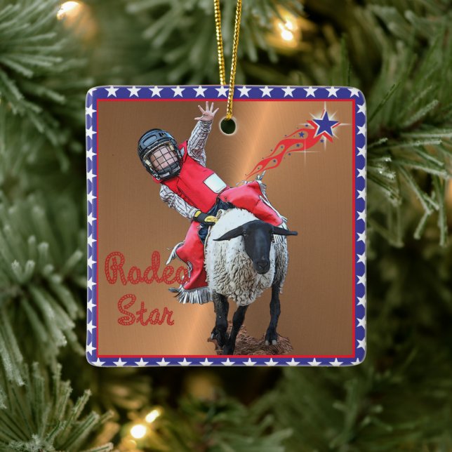 Western Rodeo Star Mutton Busting Kid Ceramic Ornament (Tree)