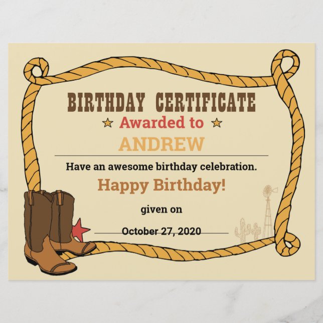 Western Rodeo Themed Party 1st Rodeo Certificate (Front)