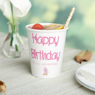 Western Rope Pink Cowgirl Birthday Paper Cups