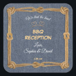 Western Rope We Tied The Knot BBQ Reception Square Sticker<br><div class="desc">Rustic Western Country card design featuring a vintage knotted rope frame,  two rope hearts gorgeous fonts,  on an old blue denim. Use Customise tool to add your info. For matching items,  please,  visit my Rope Frame Collection.</div>