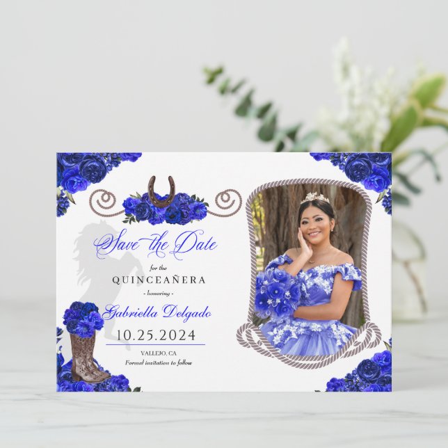 Western Royal Blue Quinceañera Save The Date Photo Invitation (Standing Front)