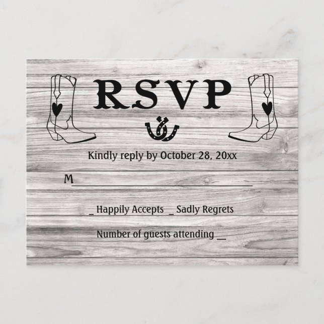 Western RSVP Country Wedding Cowboy Boots Wood Invitation Postcard (Front)