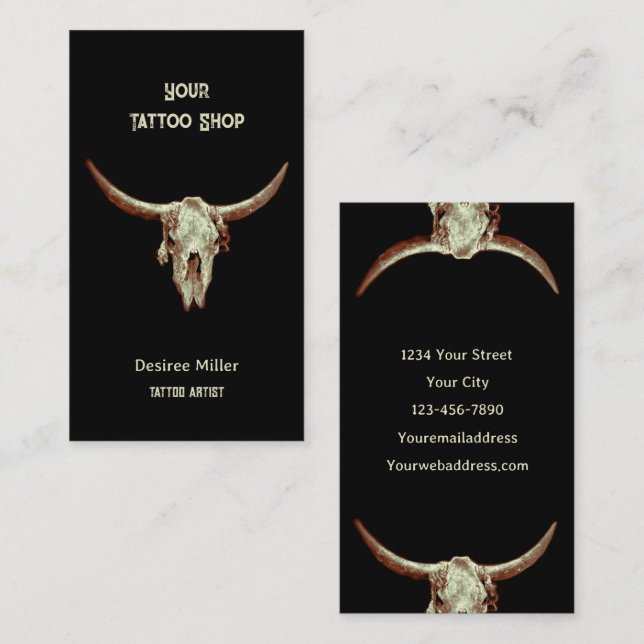 Western Rustic Black Tattoo Shop Bull Skull Business Card (Front/Back)