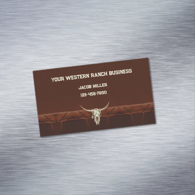 Western Rustic Brown Bull Skull Country Rodeo Magnetic Business Card (In Situ)