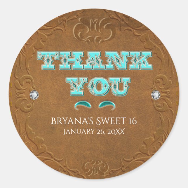 Western Rustic Brown Faux Leather Look THANK YOU Classic Round Sticker (Front)