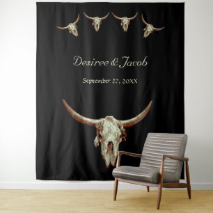 Western Rustic Bull Skull Wedding Photo Booth Tapestry
