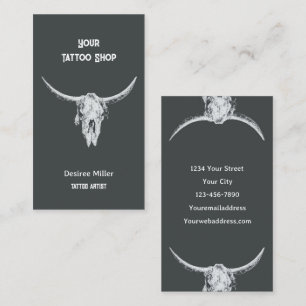 Western Rustic Charcoal Tattoo Shop Bull Skull Business Card