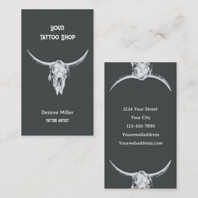 Western Rustic Charcoal Tattoo Shop Bull Skull Business Card (Front/Back)