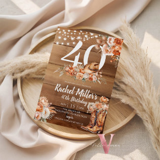 Western Rustic Dried Flower Hat Boots Birthday Invitation