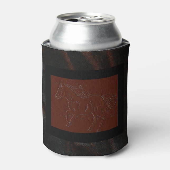 Western Rustic Faux Leather Horse Design Can Cooler (Can Front)