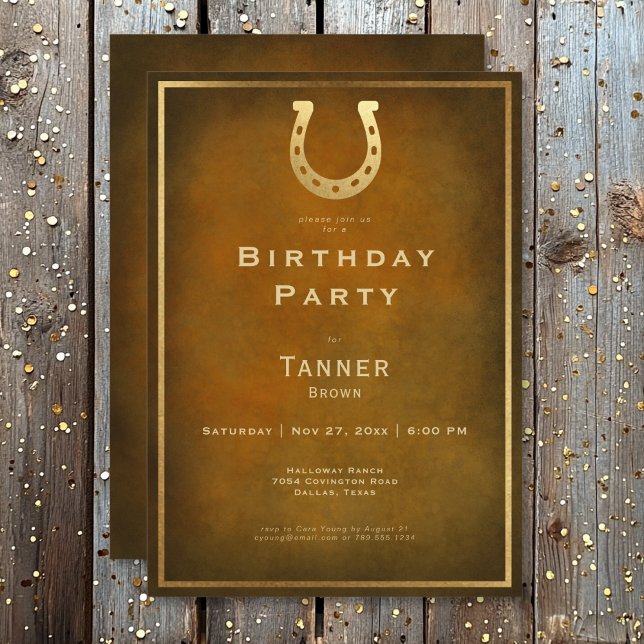 Western Rustic Horseshoe Brown Gold Birthday Invitation (Western Rustic Horseshoe Brown Gold Birthday Invitation)