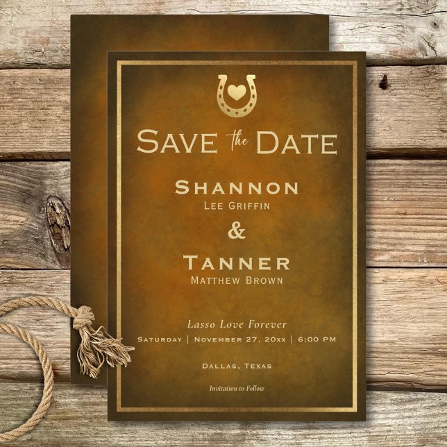 Western Rustic Horseshoe Brown & Gold Wedding Save The Date (Western Rustic Horseshoe Brown & Gold Wedding Save The Date)