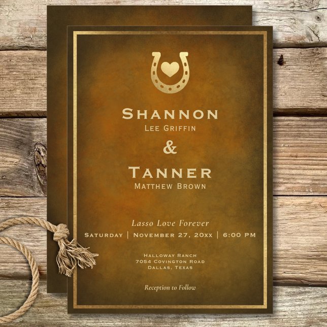 Western Rustic Horseshoe Heart Brown Gold Wedding Invitation (Western Rustic Horseshoe Heart Brown Gold Wedding Invitation)