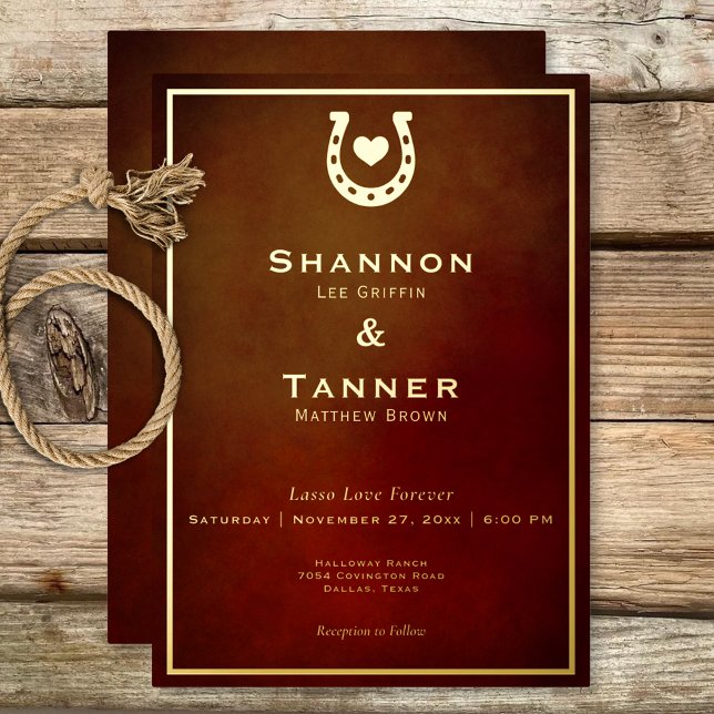 Western Rustic Horseshoe Heart Burgundy & Gold (Western Rustic Horseshoe Heart Burgundy & Gold Foil Invitation)