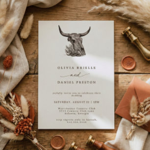 Western Rustic Pampas Grass Boho Cow skull Wedding Invitation