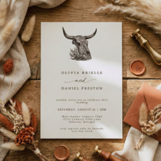 Western Rustic Pampas Grass Boho Cow skull Wedding Invitation