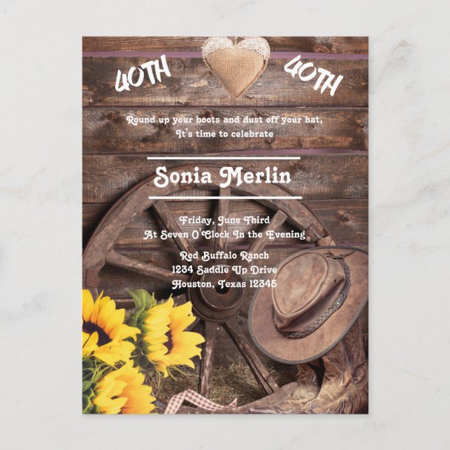 Western Rustic Sunflower Boot Hat 40th Birthday Postcard (Front)