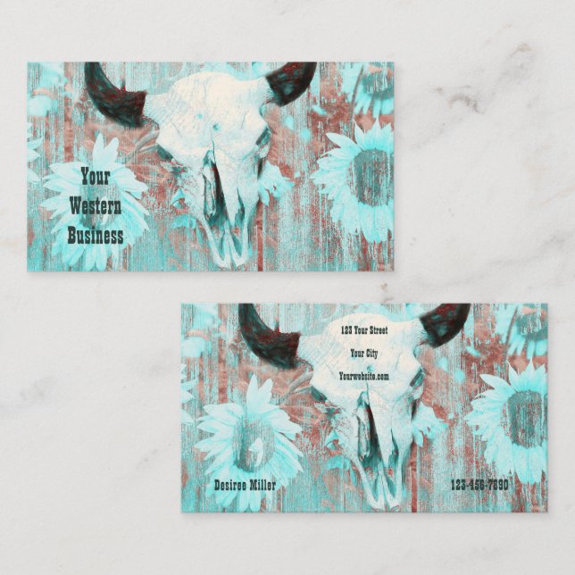 Western Rustic Teal Country Bull Skull Sunflowers Business Card (Front/Back)