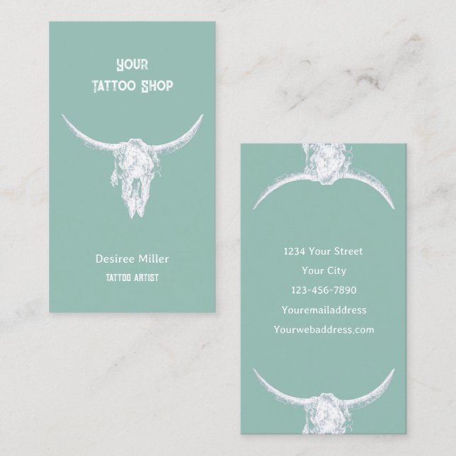 Western Rustic Teal Tattoo Shop Bull Skull Business Card (Front/Back)