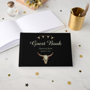 Western Rustic Wedding Black Cow Bull Skull Guest Book