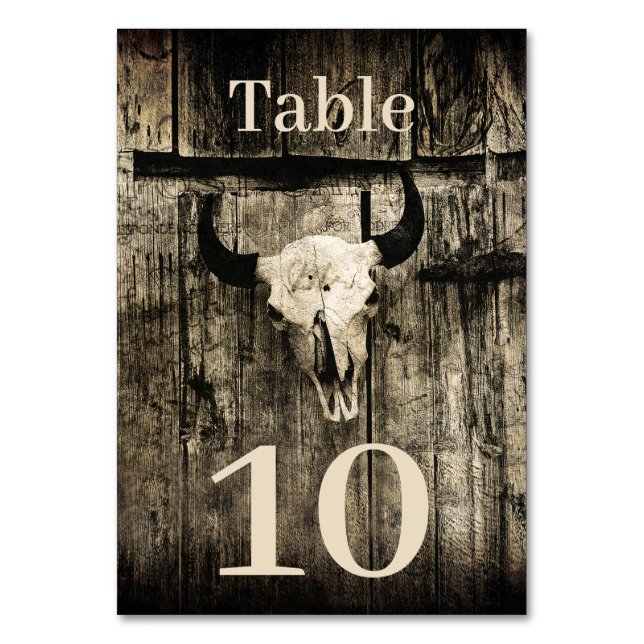 Western Rustic Wedding Bull Skull Vintage Table Number (Front)