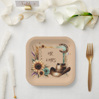 Western Rustic Wedding Mr & Mrs 7 Inch Square Paper Plate
