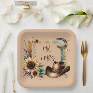 Western Rustic Wedding Mr & Mrs 9 Inch Square  Paper Plate