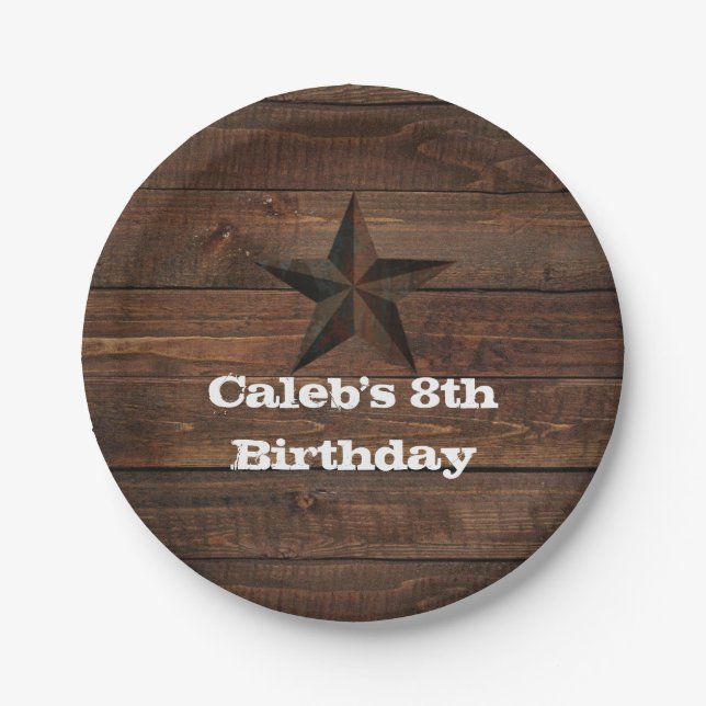 Western Rusty Star on Wood Rustic Country Party Paper Plate (Front)