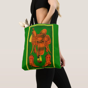Western saddle and cowboy boots print tote bag